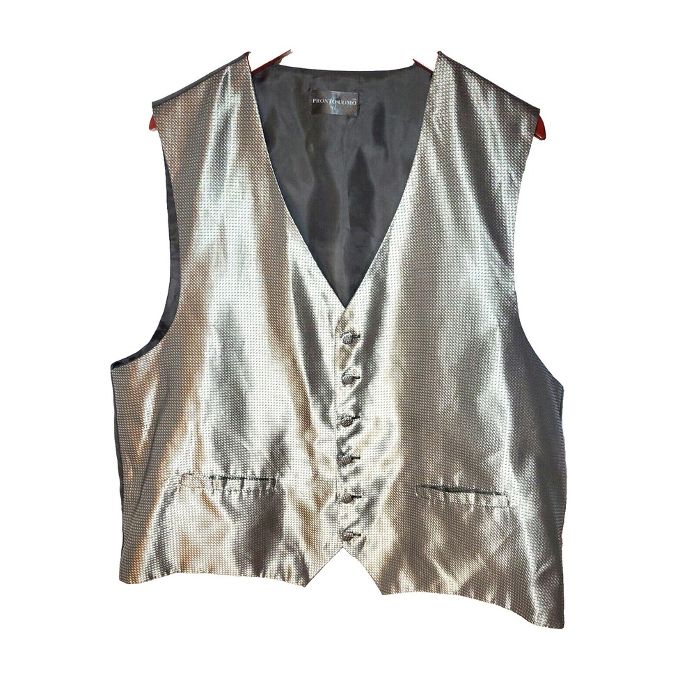 Pronto-Uomo Silver Geometric Vest Covered Buttons Pockets Adjustable‎ Strap XL
